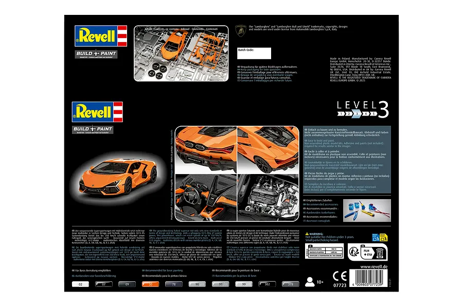 Back of packaging for the Revell 1/24 scale Lamborghini Revuelto model kit, showing parts, assembled car views, and information.