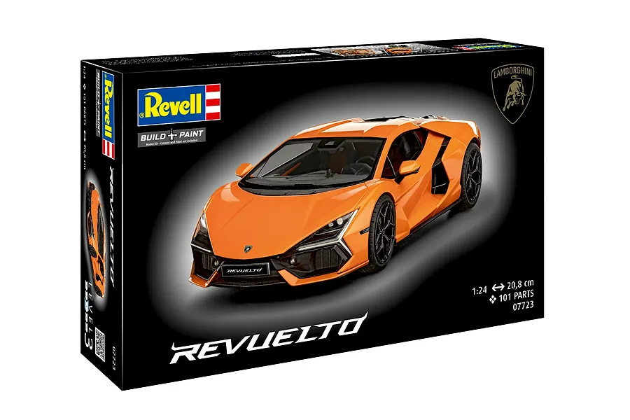 Revell 1/24 Lamborghini Revuelto model kit box showing an assembled orange model car on a black background.