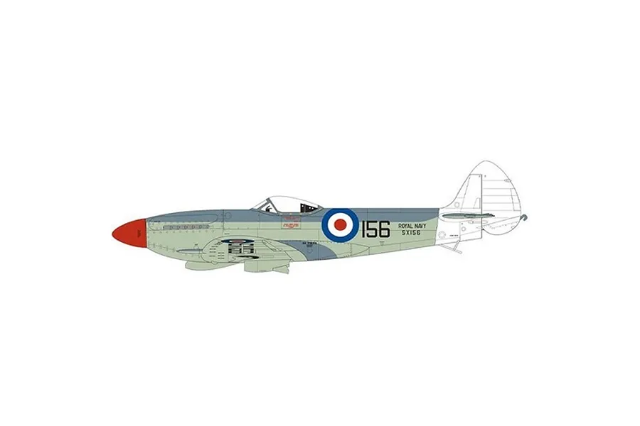 Profile illustration of a Supermarine Seafire F.XVII fighter plane in Royal Navy camouflage with a red spinner.