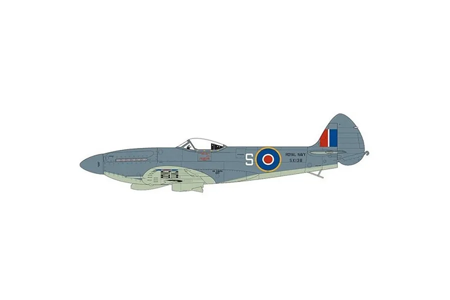 Profile illustration of a grey military fighter aircraft with Royal Navy markings and roundel.