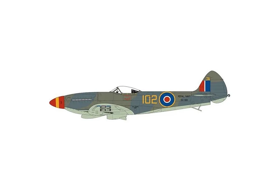 Profile illustration of a Supermarine Seafire F.XVII fighter plane in Royal Navy markings with a red, yellow, and black nose cone.