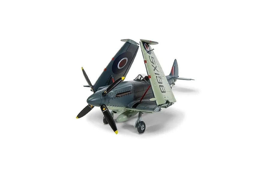 Built and painted 1/48 scale model of a Supermarine Seafire F.XVII fighter with folded wings on a white background.