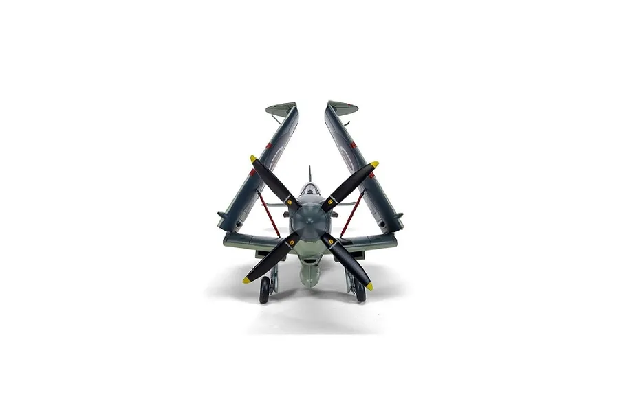 Front view of an assembled Airfix 1/48 Supermarine Seafire model with its wings folded upward for carrier storage.