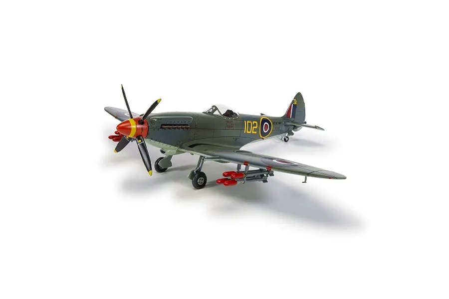Completed Airfix 1/48 scale Supermarine Seafire F.XVII plastic model fighter plane on white background.