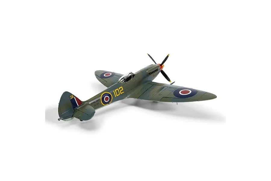 Completed Airfix 1/48 Supermarine Seafire F.XVII plastic model fighter aircraft painted in camouflage with Royal Navy markings.
