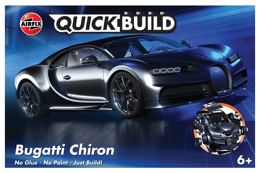 Airfix Quickbuild Bugatti Chiron plastic model kit packaging showing the assembled car and exploded view against a blue background.