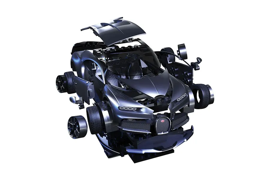 An exploded view render of the Airfix Bugatti Chiron Quickbuild plastic model car showing detached body and wheel parts.