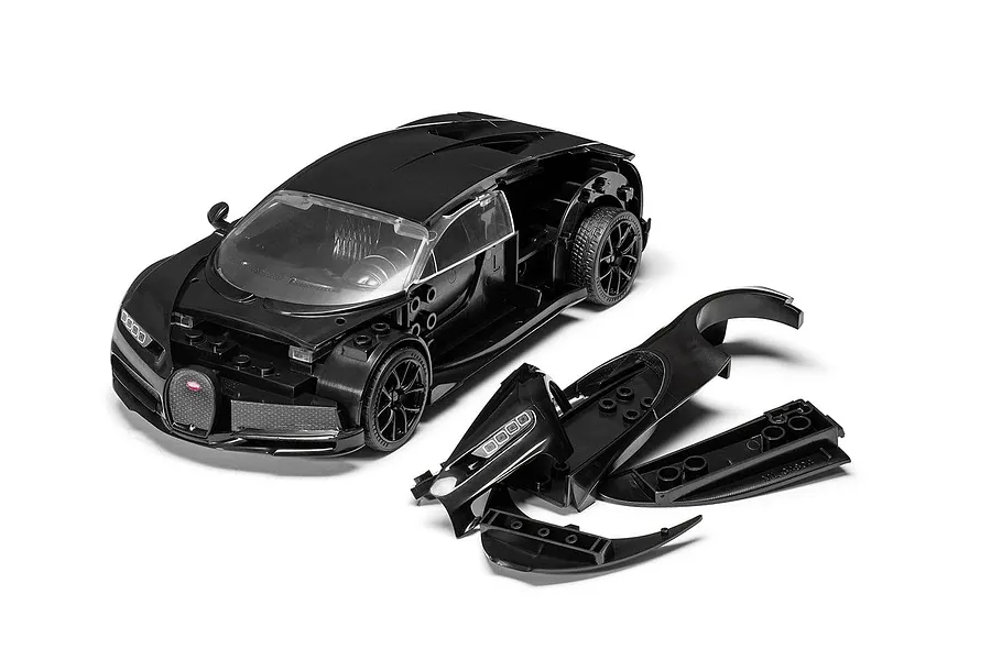 Airfix Bugatti Chiron quickbuild plastic model car set partially assembled with separate black body panels on a white background.