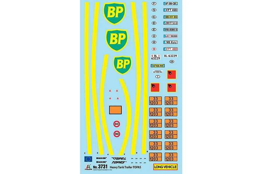 Italeri 1/24 Heavy Fuel Tank Trailer model kit decal sheet featuring BP logos, hazard placards, and license plates.