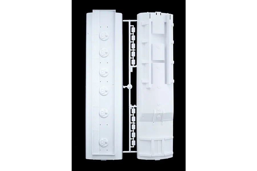 White plastic model kit sprue featuring large tank sections and mounting components for the Italeri 1/24 Heavy Fuel Tank Trailer.