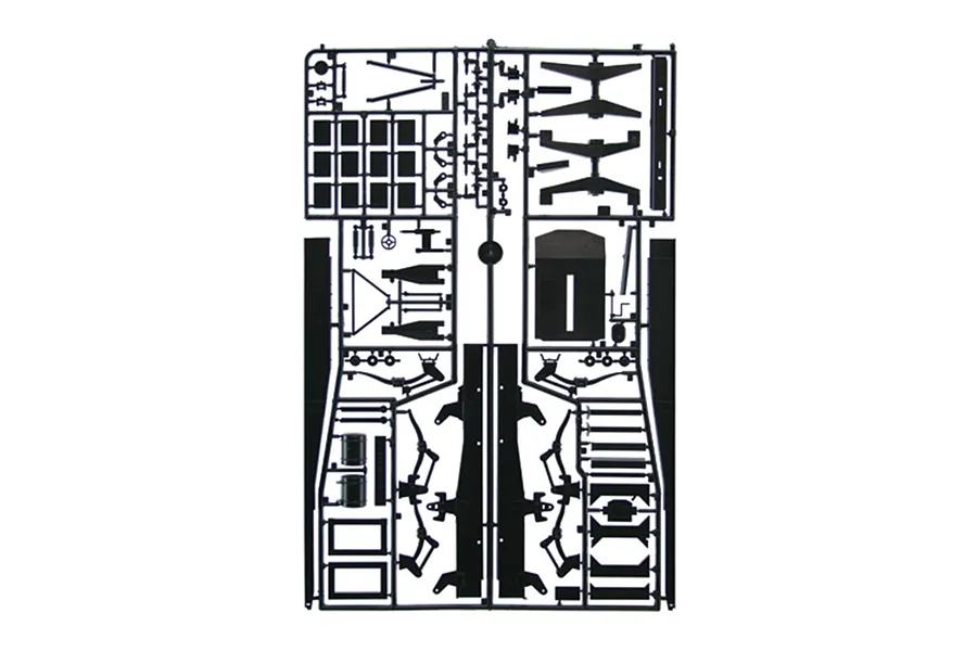 Black plastic model kit parts sprue featuring chassis and suspension components for the Italeri Heavy Fuel Tank Trailer.