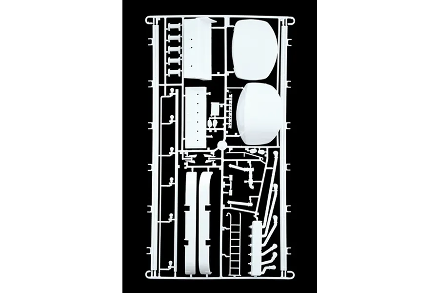 White plastic scale model parts sprue for the Italeri 1/24 Heavy Fuel Tank Trailer kit on a black background.