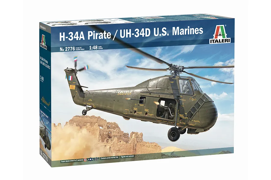 Italeri 1/48 H-34A Pirate / UH-34D U.S. Marines Helicopter plastic model kit box art showing a painted model in flight.