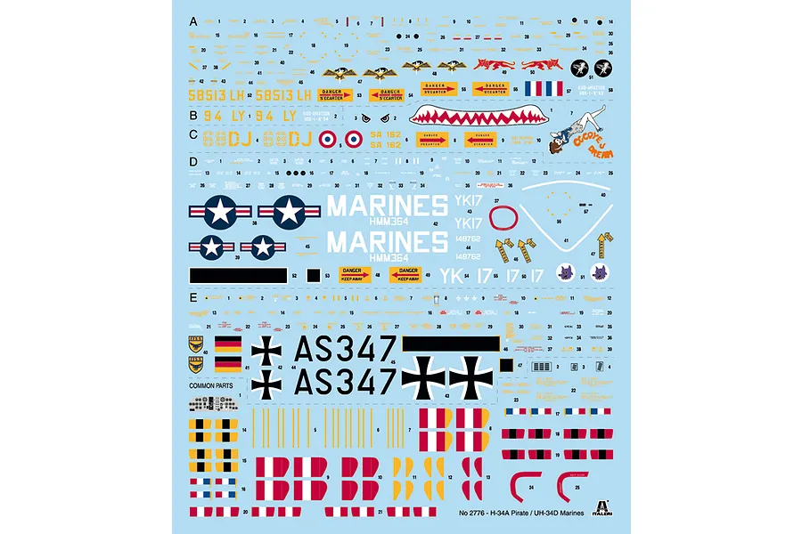 Water-slide decal sheet for Italeri 1/48 H-34A Pirate and UH-34D Marines helicopter model kit.