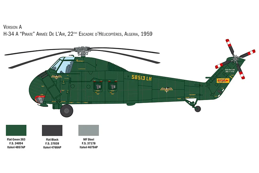 Illustration showing side profile of an H-34A Pirate helicopter in dark green livery with paint guide swatches below.
