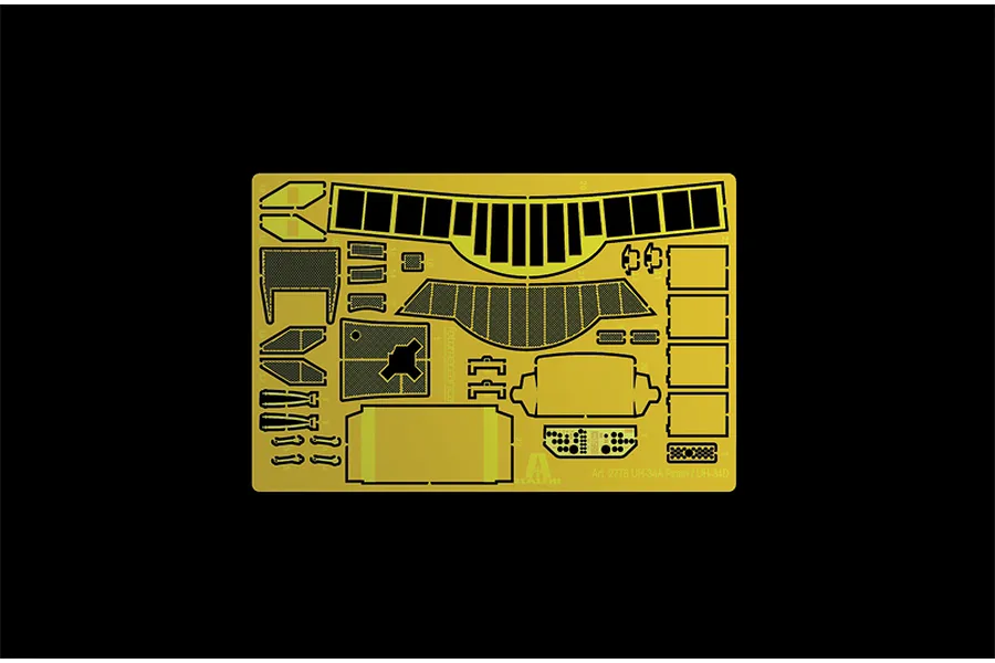 Photoetched brass upgrade parts fret for Italeri 1/48 H-34A Pirate / UH-34D model kit featuring grilles, instrument panel, and structural details.