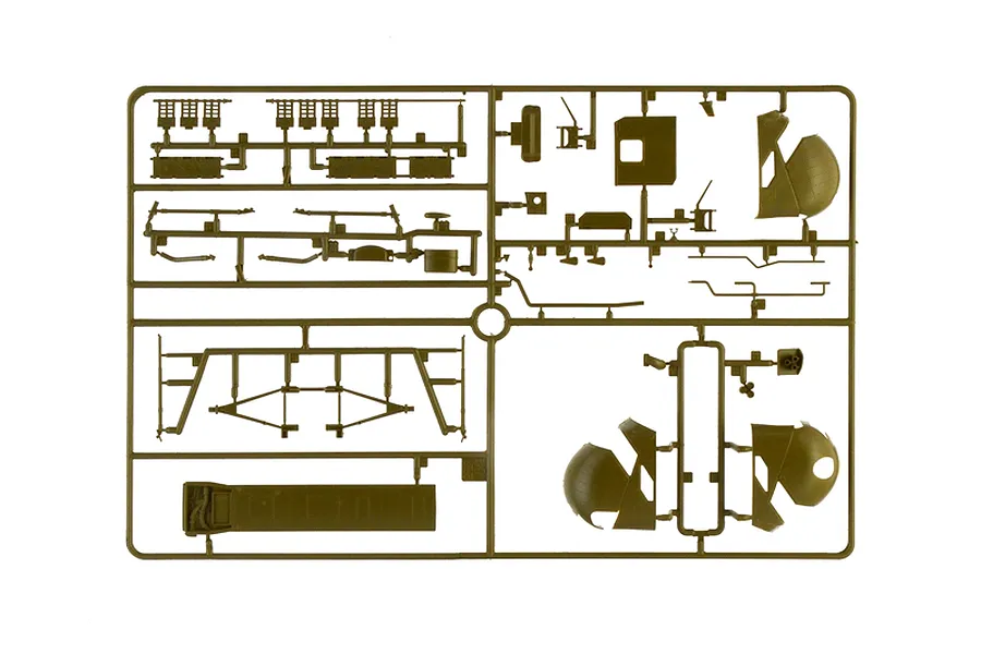 Olive green plastic model kit sprue containing helicopter parts on a plain white background.