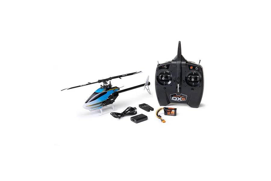 Blade Revolution 155 CP RC helicopter RTF set with Spektrum DXS transmitter, LiPo battery, charger, and USB cable.