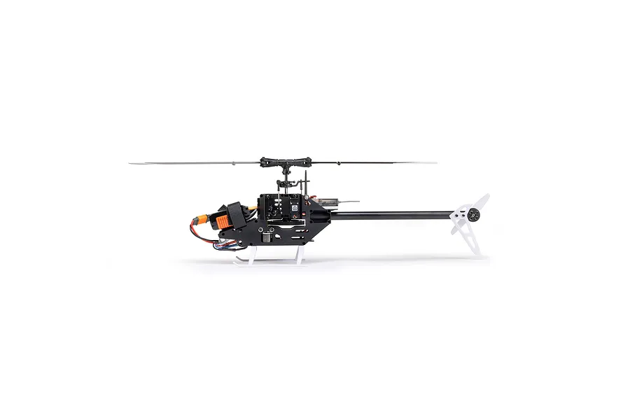 Side view of the Blade Revolution 155 CP RC helicopter mechanics without canopy, showing frame, rotor, and tail boom.