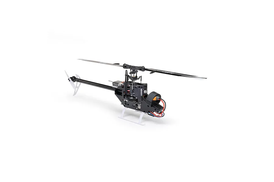 Studio shot of Blade Revolution 155 CP RC helicopter mechanics, showing black frame, main blades, tail boom, and white landing skids against a clean white background.