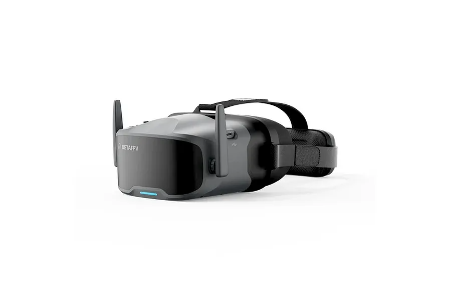 BetaFPV FPV drone goggles in grey and black featuring dual antennas and an adjustable head strap on a white background.