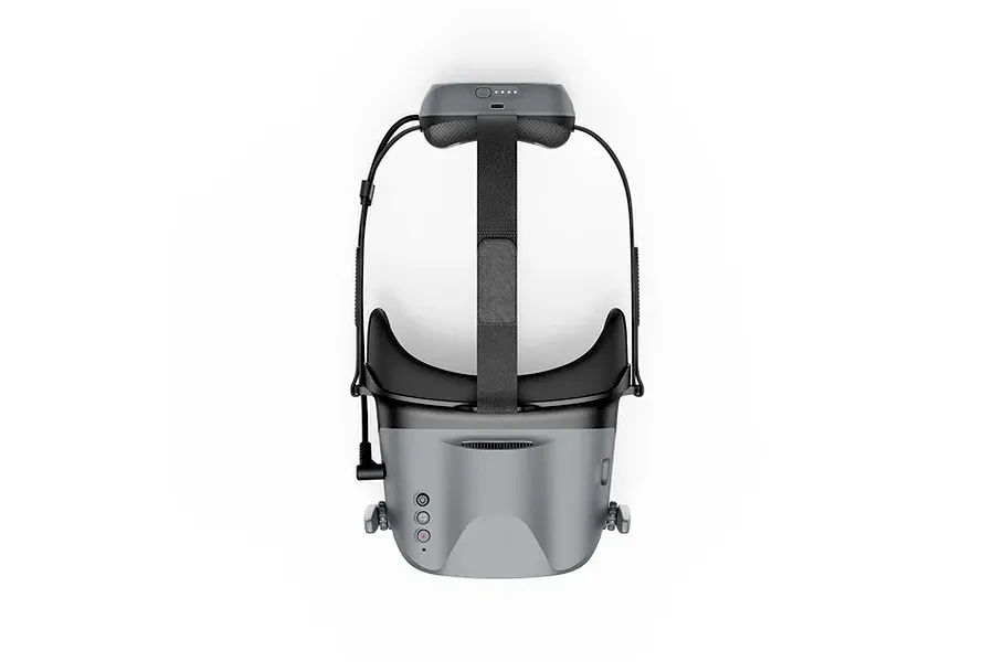 Top-down view of BetaFPV VR04 HD Pro FPV drone goggles with grey chassis and adjustable headband.