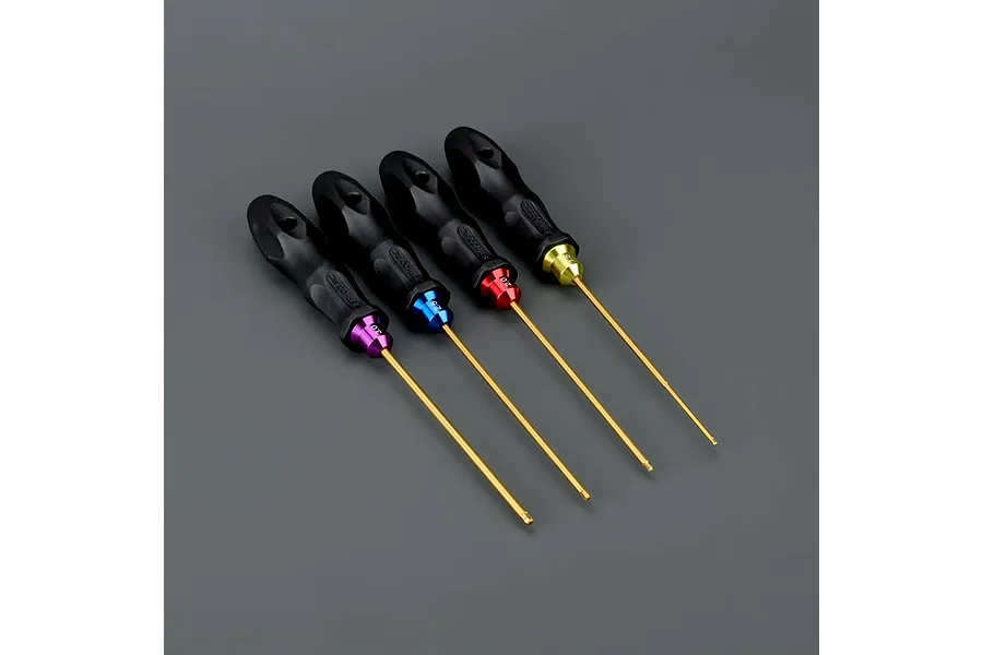 A set of four Method RC ball end hex drivers with black handles and color-coded collars against a grey background.