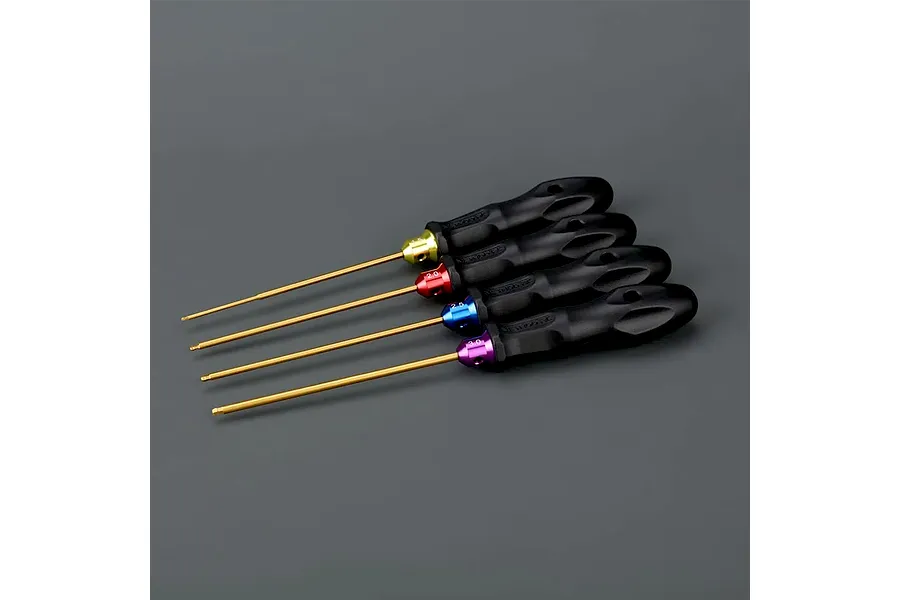 Method RC ball end hex driver set featuring four hex drivers with black handles and colored collars on a grey background.
