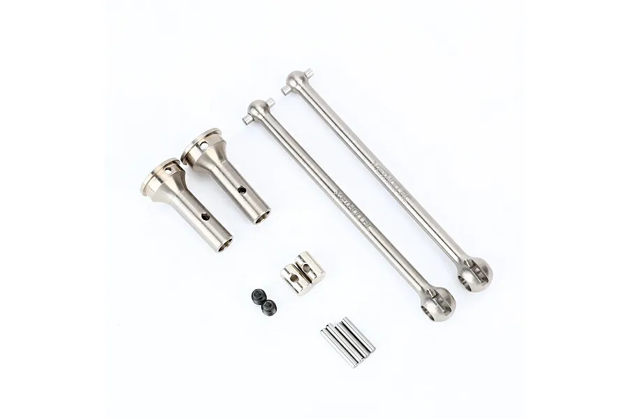 Method RC Titanium CVD Driveshafts set including two drive shafts, stub axles, pins, and grub screws on a white background.