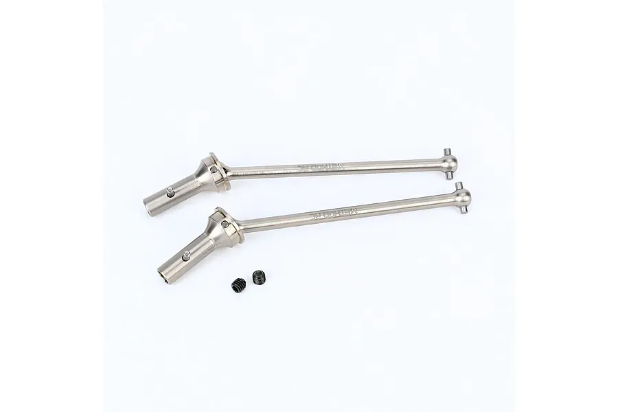 Method RC titanium 124mm CVD driveshafts and two small grub screws laid out against a white studio background.
