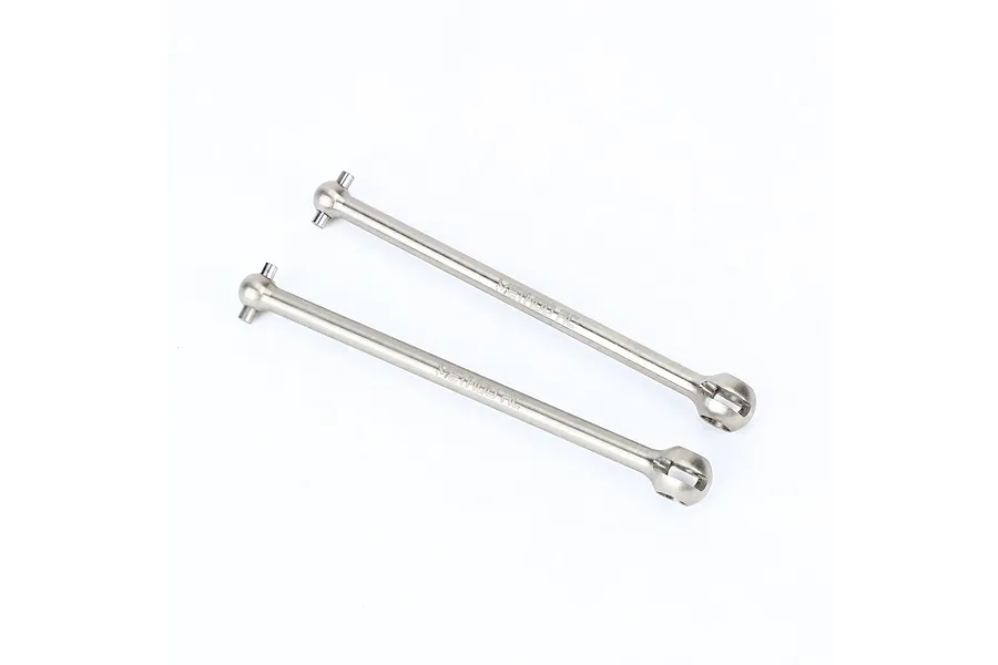 Two Method RC titanium CVD axle shafts laid diagonally against a clean white background.