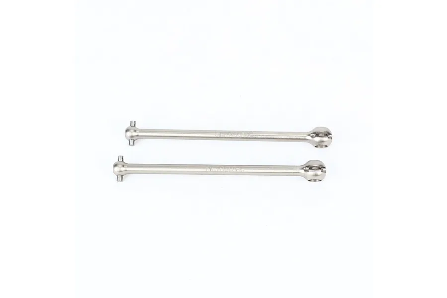 Two silver Method RC titanium CVD axle shafts laid horizontally against a clean white background.