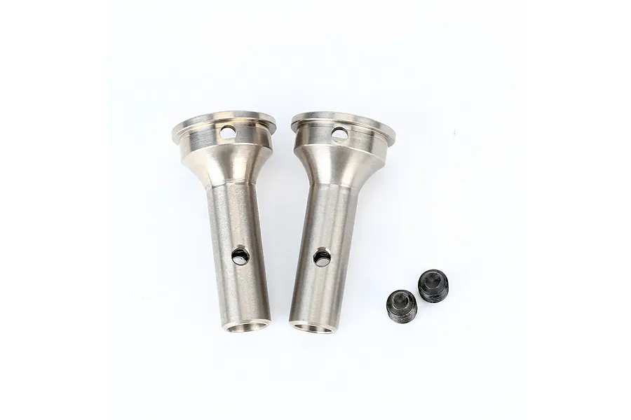 Two metallic RC CVD stub axles and two set screws displayed against a plain white background.