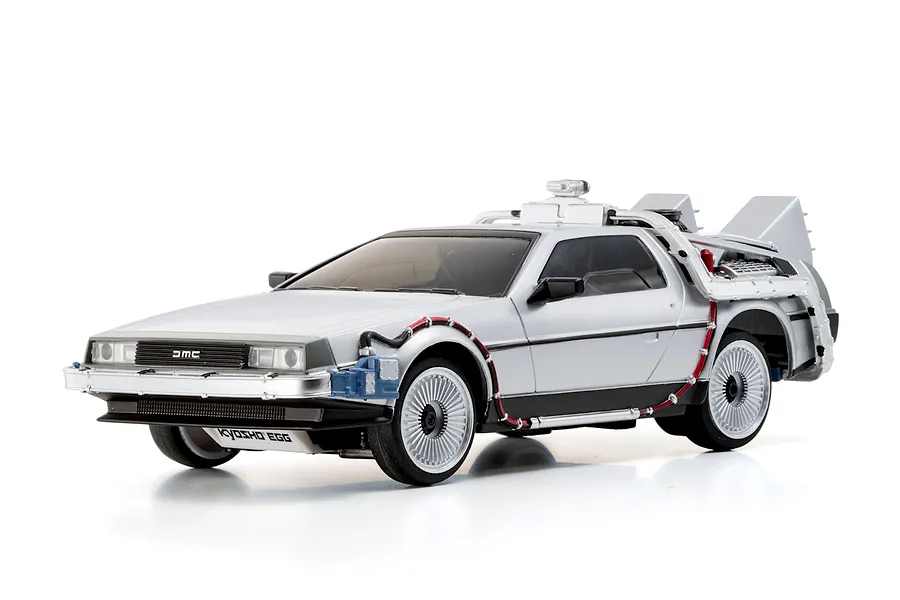 Kyosho First Mini-Z Back to the Future DeLorean RC car studio shot against a clean white background