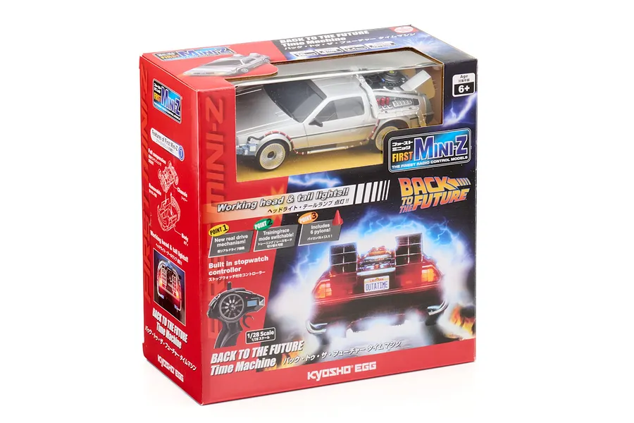Kyosho First Mini-Z Back to the Future DeLorean RC car packaging box showing the silver time machine model inside.
