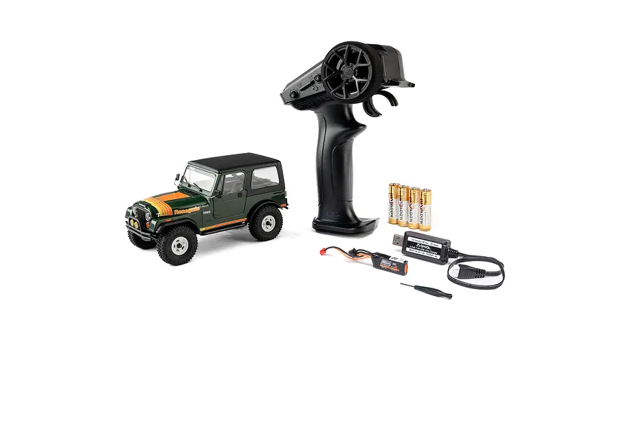 Axial SCX30 Jeep CJ-7 Renegade green RC rock crawler shown with Spektrum transmitter, LiPo battery, USB charger, AA batteries, and small tool.