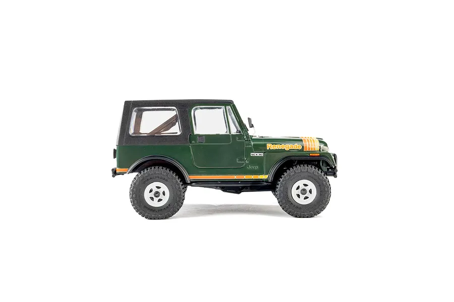 Studio side profile shot of the green Axial SCX30 Jeep CJ-7 Renegade RC rock crawler on a white background.