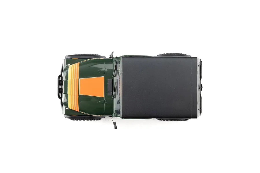 Top-down view of the green Axial SCX30 Jeep CJ-7 Renegade RC rock crawler showing its hood stripes and black roof.