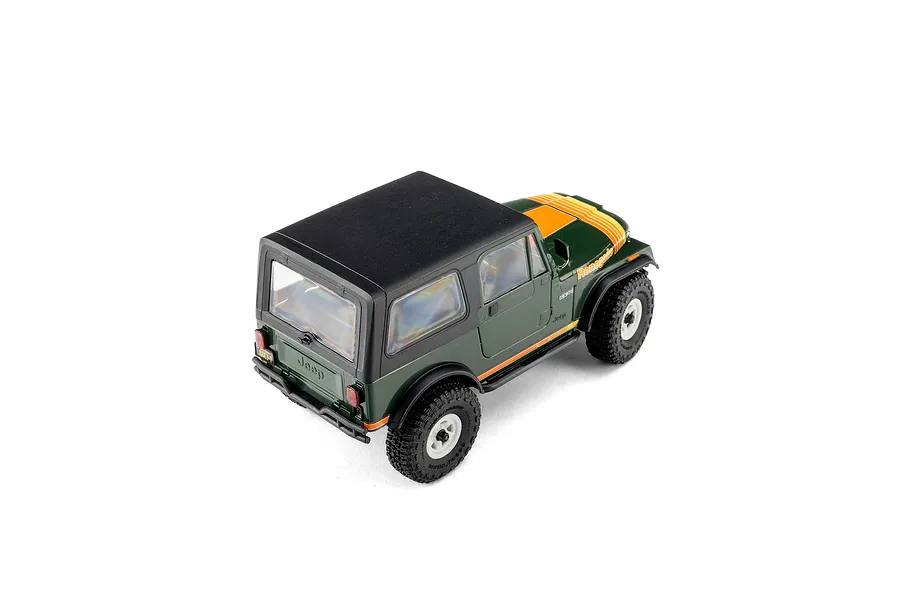 High angle rear studio shot of the green Axial SCX30 Jeep CJ-7 Renegade RC rock crawler with black hardtop.