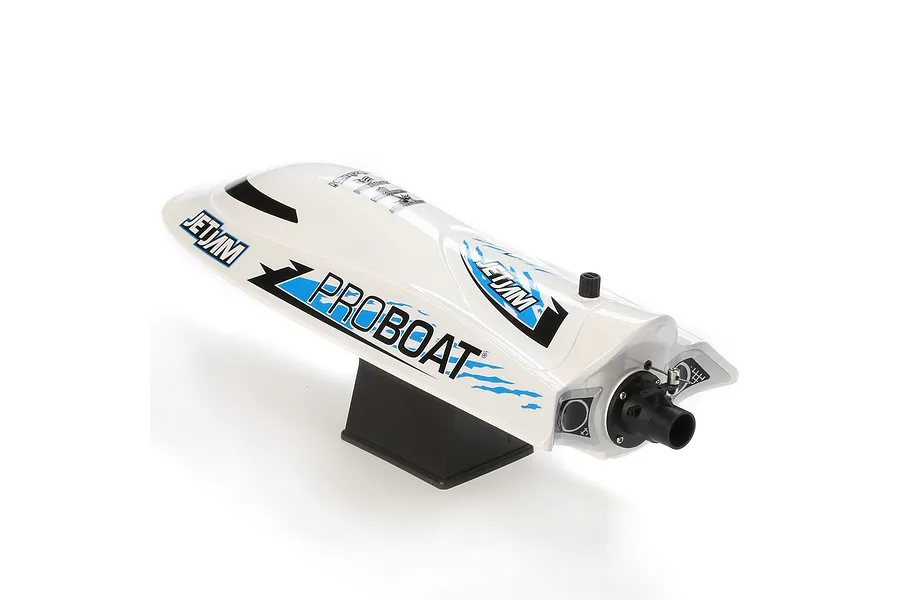 Pro Boat Jet Jam V2 electric RC speed boat in white resting on a black stand against a white background.