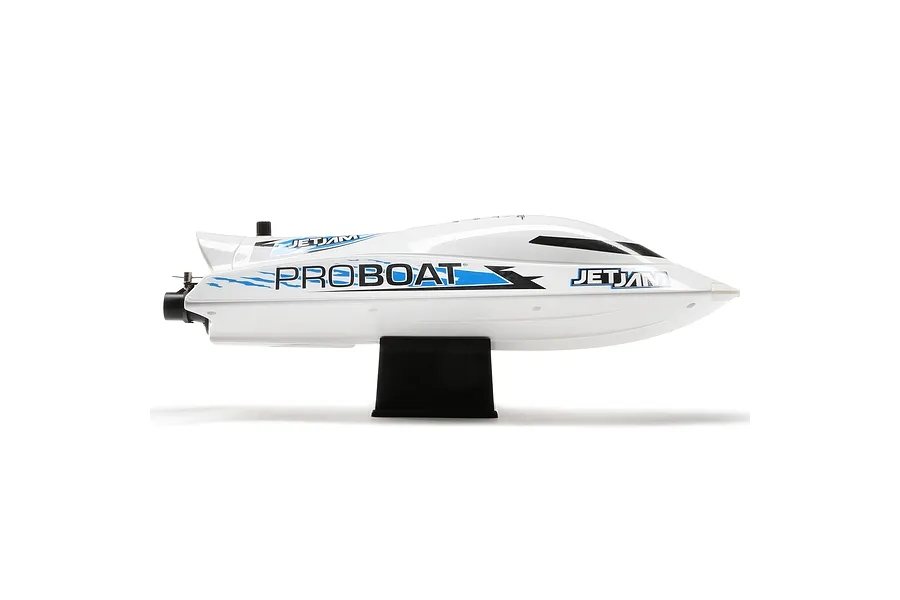 Side view of Pro Boat Jet Jam V2 electric RC speed boat in white resting on a black stand against a plain white background.