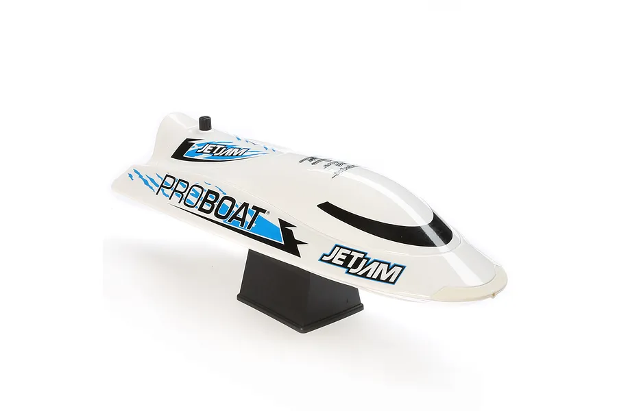 Pro Boat Jet Jam V2 12 inch electric RC speed boat in white with blue and black graphics on a black display stand against a white background.
