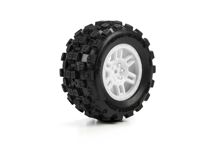 Pro-Line Badlands MX MT tyre mounted on a white split-six rim against a plain white background.