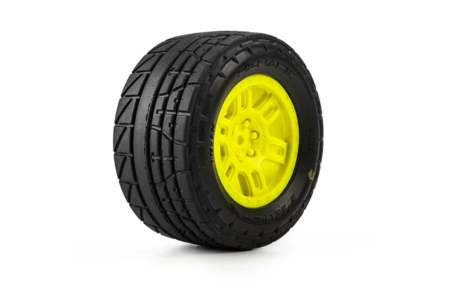 Pro-Line 1/16 Menace Street Tyre mounted on a bright yellow split six RC wheel rim against a white background.