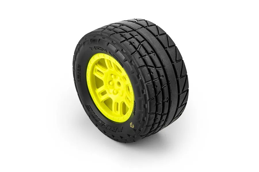 Pro-Line 1/16 Menace Street Tyre mounted on a bright yellow split-six RC wheel against a white background.