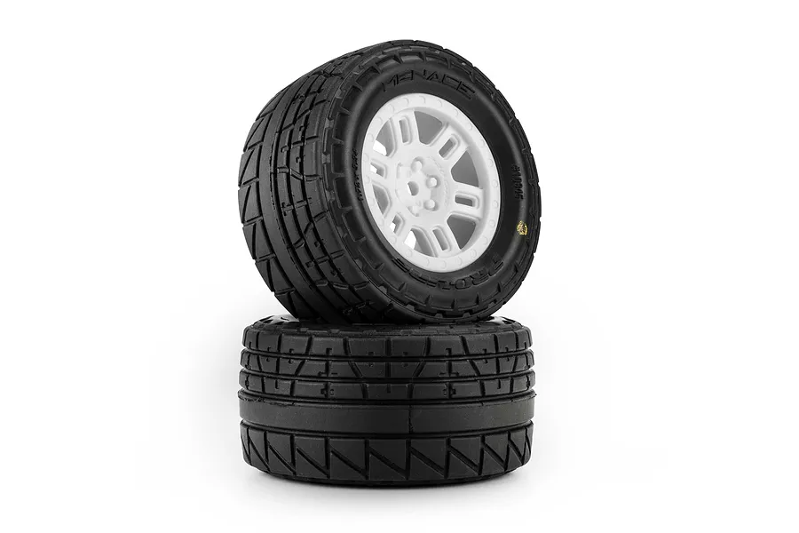 Pro-Line 1/16 Menace Street tyres mounted on white split-six rims, stacked against a white background.