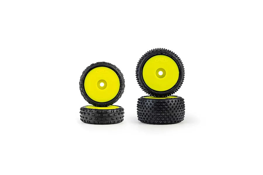 Pro-Line 1/24 Wedge Front and Prism Rear carpet tyres mounted on yellow dish rims, displayed as four pre-glued wheels.