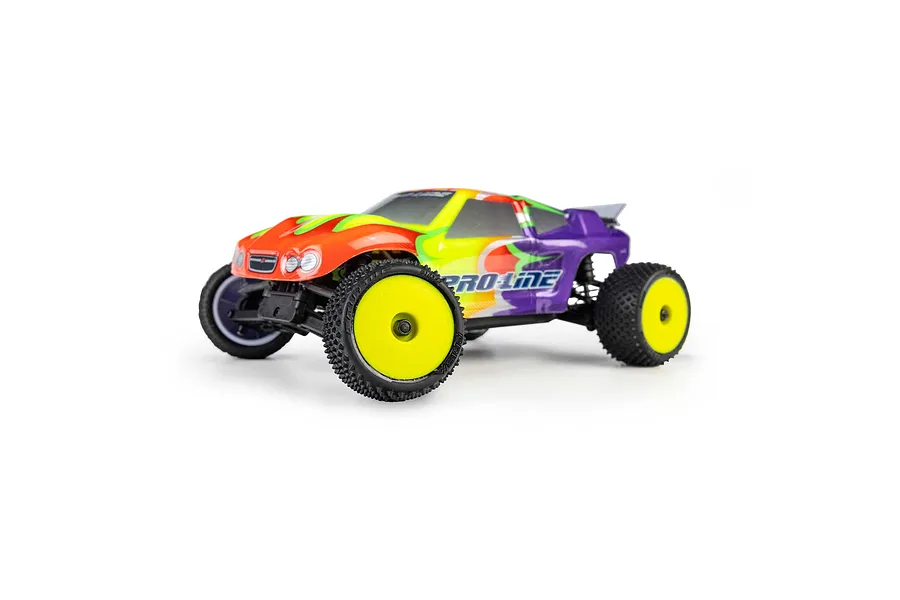 A small RC buggy with bright orange, green, and purple painted body and bright yellow dish rims installed on a white background.