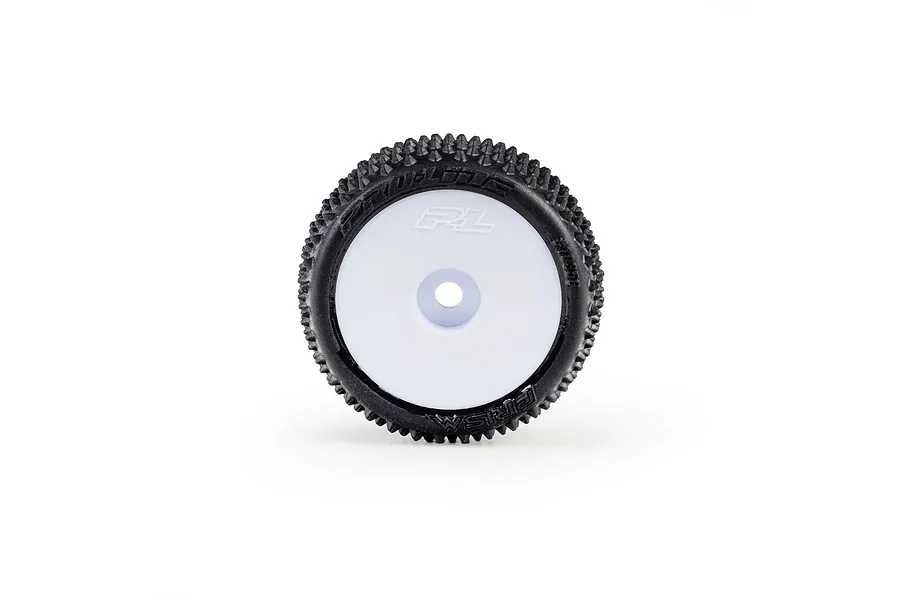 Pro-Line 1/28 Prism Carpet Tyre mounted on a white dish rim, shown from a studio side profile view against a white background.