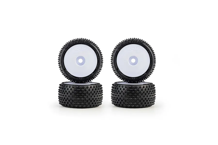 Pro-Line 1/28 Prism Carpet Tyres on White Dish Rims - Glued Wheels 4Pcs displayed against a white background.